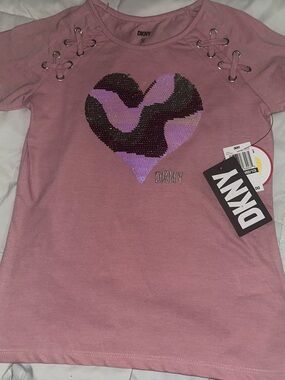 DKNY Girls Dusty Pink Sequin Heart Lace-Up Tee